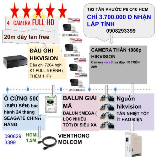 Trọn Gói Camera 3.7tr_ cho 4 camera hikvision thi công tận nơi theo yêu cầu_ HDD 500g...